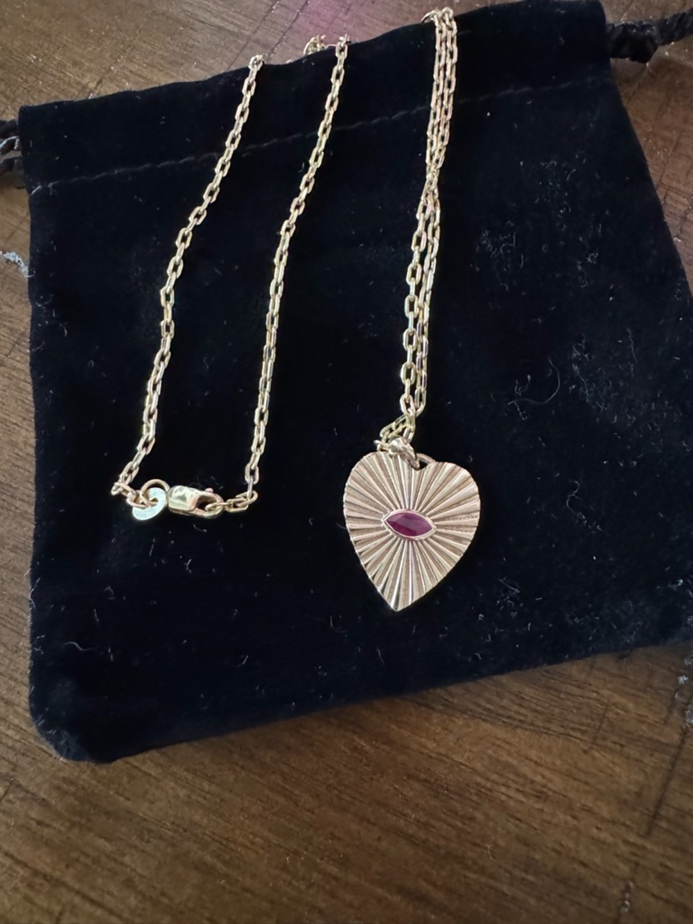 14k Fluted Heart ♥️ Pendant with genuine Ruby and 18” Paperclip Chain